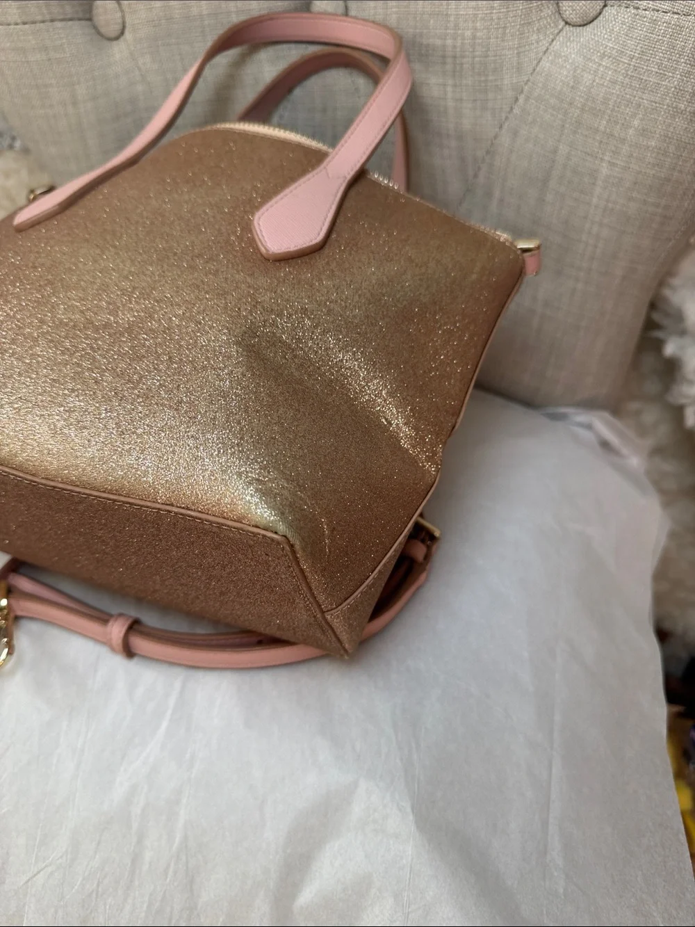 kate spade Gold Glitter Tote with Pink Handles